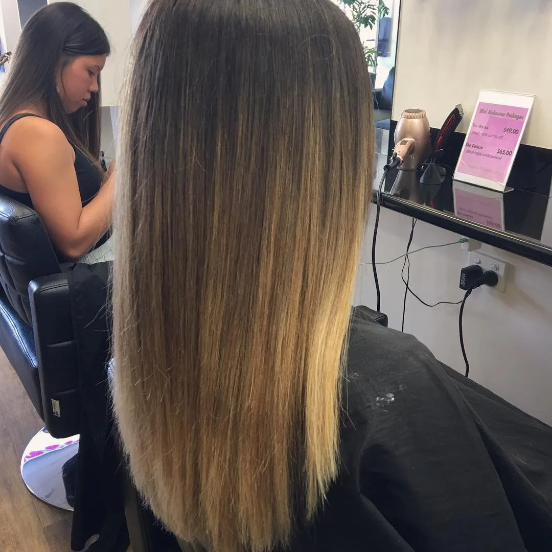 Sleek straightened balayage, back view, smooth finish — styling by Jolin